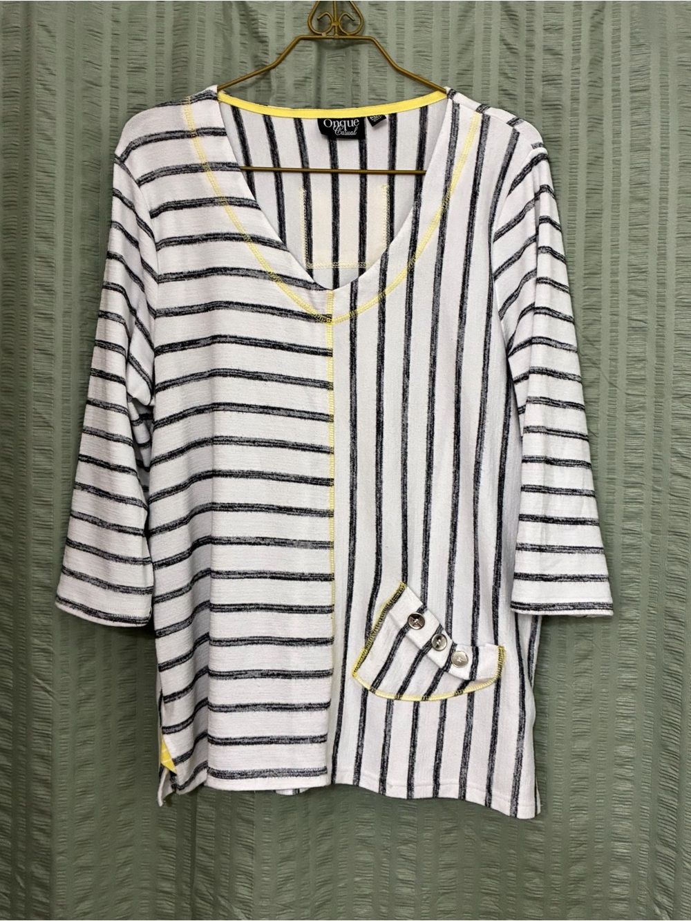 Cotton Striped V-Neck Knit Top in White and Black with Yellow Trim